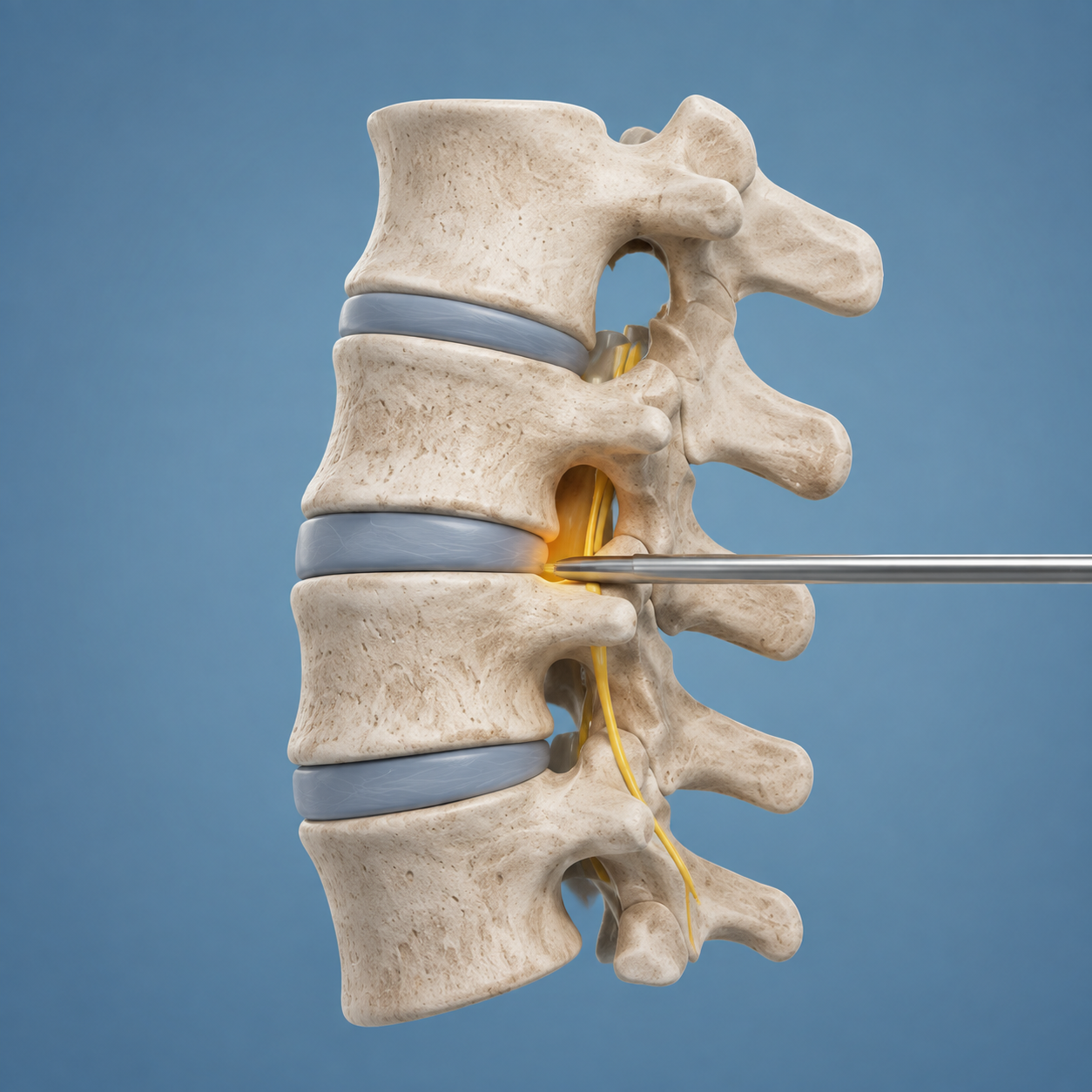 Representación de la columna lumbar y un abordaje mínimamente invasivo